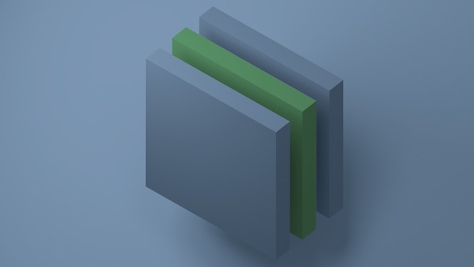 3D rendering of three rectangular prisms—two blue and one green—arranged parallel and closely stacked on a white surface, symbolizing structured thinking in annuities and retirement solutions.