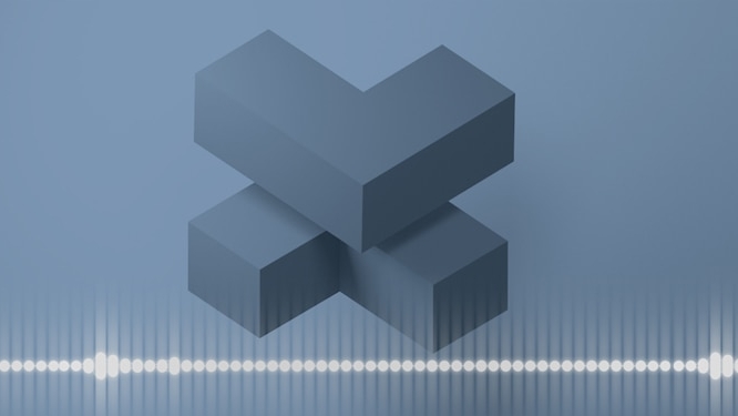 Stylized 3D geometric blocks arranged in an abstract X shape above a glowing audio waveform line, symbolizing data and insights in private equity outlook discussions.