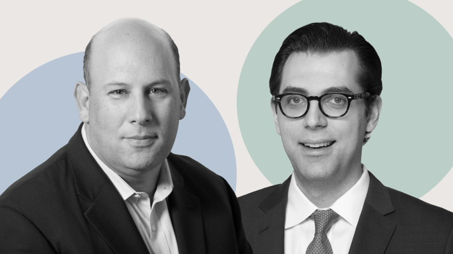 Portraits of Apollo executives Lee Solomon and Paul Sipio against colored circular backgrounds, illustrating their recognition in Billboard’s 2025 Power 100 Finance List.